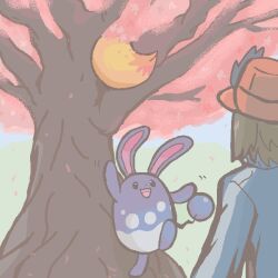 Rule 34 | 1boy, :3, azumarill, black eyes, blue jacket, braixen, brown hair, calem (pokemon), cherry blossoms, creatures (company), day, facing away, fox tail, game freak, gardear058, gen 2 pokemon, gen 6 pokemon, happy, hat, hide and seek, in tree, jacket, jaggy lines, jumping, long sleeves, looking at another, motion lines, nintendo, open mouth, outdoors, pointing, pointing up, pokemon, pokemon (creature), red hat, short hair, smile, standing, tail, tree