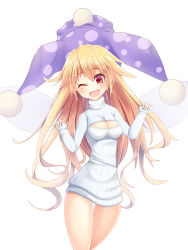 Rule 34 | 1girl, :d, alternate costume, bare legs, blonde hair, blush, bottomless, breasts, cleavage, clownpiece, eyebrows, fairy wings, fang, hair between eyes, hat, jester cap, long hair, long sleeves, meme attire, one eye closed, open-chest sweater, open mouth, polka dot, red eyes, ribbed sweater, simple background, sleeves past wrists, smile, solo, sweater, thigh gap, touhou, turtleneck, very long hair, white background, wings, z.o.b