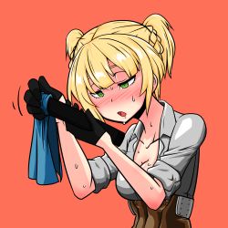Rule 34 | 1girl, blonde hair, blush, bolt action, braid, breasts, cleaning gun, cleavage, corset, drooling, french braid, girls&#039; frontline, green eyes, handgun, highres, open clothes, open mouth, open shirt, short twintails, sleeves rolled up, solo, sweat, twintails, uncommon stimulation, upper body, voodoowood, welrod, welrod mkii (girls&#039; frontline)