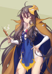 Rule 34 | 1girl, bare legs, black nails, blue cape, blue dress, bridal gauntlets, brown background, brown cape, brown eyes, brown hair, cape, character request, closed mouth, commentary request, dress, food, highres, holding, holding food, kuzel (bonolangje), long hair, mask, mask on head, nail polish, scar, scar on leg, skewer, solo, soul ark, two-sided cape, two-sided fabric, white sleeves