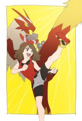Rule 34 | 1girl, :d, bike shorts, blaziken, border, bow hairband, bracelet, breasts, brown hair, clenched hands, collarbone, commentary, creatures (company), game freak, gen 3 pokemon, grey eyes, grey shorts, hairband, highres, jewelry, kicking, knees, leg up, may (pokemon), nintendo, open mouth, pkpokopoko3, pokemon, pokemon (creature), pokemon oras, red hairband, red shirt, shirt, shoes, shorts, sleeveless, sleeveless shirt, smile, teeth, tongue, upper teeth only, white border, yellow background, yellow footwear