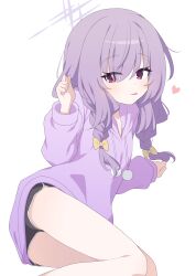 Rule 34 | 1girl, absurdres, atsuko (blue archive), black shorts, blue archive, blush, braid, closed mouth, dolphin shorts, feet out of frame, hagoonha, halo, highres, hood, hood down, hoodie, long hair, long sleeves, looking at viewer, purple eyes, purple hair, purple halo, purple hoodie, shorts, simple background, solo, tongue, tongue out, twin braids, white background
