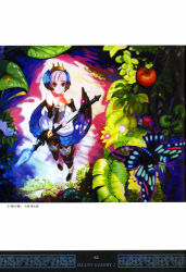 Rule 34 | 1girl, absurdres, apple, armor, armored dress, bare shoulders, black thighhighs, blue eyes, blunt bangs, breasts, bug, butterfly, cleavage, crown, crystal, detached sleeves, downblouse, dress, feathers, flat chest, flower, food, forest, from above, fruit, glowing, gwendolyn (odin sphere), hair ornament, highres, holding, insect, leaf, looking away, looking up, medium breasts, mushroom, nature, non-web source, odin sphere, official art, oonishi kentarou, outdoors, parted bangs, polearm, scan, short dress, short hair, solo, spear, standing, strapless, strapless dress, thighhighs, weapon, white hair, wings, zettai ryouiki