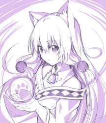 Rule 34 | 1girl, animal ears, animal hands, argyle, bare shoulders, beads, bell, cat ears, cat tail, collar, detached collar, hair beads, hair between eyes, hair ornament, holding, japanese clothes, kemonomimi mode, kimono, long hair, long sleeves, looking at viewer, mahcdai, monochrome, neck bell, original, parted lips, rum ialis, sidelocks, slit pupils, solo, tail, upper body