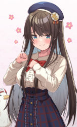 Rule 34 | 1girl, beret, bird, blouse, blue eyes, blue hat, blue skirt, blush, bow, bowtie, breasts, brown hair, center frills, closed mouth, commentary request, cowboy shot, duck, frilled shirt, frills, hat, highres, hololive, jewelry, large breasts, long hair, long sleeves, oozora subaru, oozora subaru (casual), pink background, plaid, plaid skirt, red bow, red bowtie, ring, shirt, simple background, skirt, smile, solo, standing, subaru duck, suicabar72, very long hair, virtual youtuber, white shirt