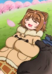 Rule 34 | 1girl, :3, amanone yun, brown coat, brown hair, cherry blossoms, closed eyes, coat, commentary, dog, drooling, fur trim, girls und panzer, hair ears, hair ornament, highres, lying, mouth drool, on back, open mouth, outdoors, plaid, plaid skirt, short hair, skirt, sleeping, toggles, waterzooi, yuuko (girls und panzer)