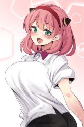 Rule 34 | 1girl, :d, aged up, alternate breast size, anya (spy x family), black legwear, breasts, collared shirt, green eyes, hairband, hairpods, highres, hinghoi, large breasts, medium hair, open mouth, pink hair, red hairband, shirt, short sleeves, smile, solo, spy x family, upper body, white shirt