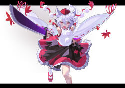 Rule 34 | 1girl, absurdres, animal ears, black skirt, falken (yutozin), grey background, hair between eyes, hat, highres, inubashiri momiji, letterboxed, looking at viewer, open mouth, red eyes, red hat, red skirt, short hair, skirt, socks, solo, tabi, tail, tokin hat, touhou, two-tone skirt, white hair, white socks, wide sleeves, wolf ears, wolf girl, wolf tail