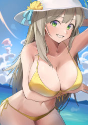 Rule 34 | 1girl, absurdres, arm under breasts, bad id, bad pixiv id, beach, bikini, blue archive, breast hold, breasts, cowboy shot, flower, front-tie bikini top, front-tie top, green eyes, green hair, hat, hat flower, hat ribbon, highres, large breasts, light brown hair, long hair, nonomi (blue archive), nonomi (swimsuit) (blue archive), official alternate costume, ribbon, side-tie bikini bottom, sun hat, swimsuit, yanagi 6456, yellow bikini