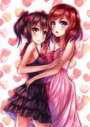 Rule 34 | 10s, 2girls, black dress, black hair, bow, brown hair, chai kim soon, collarbone, dress, hair bow, hand on another&#039;s hip, heart, highres, holding hands, interlocked fingers, looking at viewer, love live!, love live! school idol project, multiple girls, nishikino maki, open mouth, pink dress, pink eyes, purple eyes, red bow, short twintails, twintails, yazawa nico