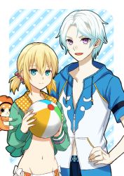 Rule 34 | 1boy, 1girl, ball, beachball, blonde hair, blue eyes, collarbone, edna (tales), edna (water-averse girl) (tales), green jacket, groin, hair between eyes, hair ornament, hair scrunchie, hand on own hip, holding, holding ball, jacket, mikleo (ocean lover) (tales), mikleo (tales), navel, official alternate costume, open clothes, open jacket, polka dot, red scrunchie, saklo, scrunchie, short hair, short twintails, silver hair, smile, striped, striped background, tales of (series), tales of zestiria, twintails