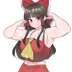 Rule 34 | 1girl, :&gt;, armpits, arms up, ascot, black hair, blunt bangs, blush, bow, breasts, collarbone, detached sleeves, frogsnake, hair bow, hair tubes, hakurei reimu, large breasts, long hair, looking at viewer, midriff, muscular, muscular female, navel, red bow, red skirt, sidelocks, simple background, skirt, skirt set, solo, touhou, white background, yellow ascot