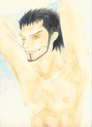 Rule 34 | 1boy, abs, armpits, arms behind head, artist request, beard, black hair, chinstrap, dracule mihawk, facial hair, highres, male focus, nipples, one piece, simple background, solo, topless male, upper body, white background, yellow eyes
