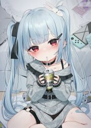 Rule 34 | 1girl, black bow, black nails, blue hair, blush, bow, can, closed mouth, collarbone, commentary request, drinking straw, ear piercing, grey shirt, grey skirt, hair bow, hair ornament, hairclip, head tilt, highres, holding, holding can, indoors, long hair, long sleeves, looking at viewer, nail polish, nintendo switch, o-ring, off shoulder, on floor, original, piercing, pleated skirt, puffy long sleeves, puffy sleeves, rabbit hair ornament, red eyes, shirt, sitting, skirt, sleeves past wrists, solo, strong zero, tsukiman, twintails, very long hair