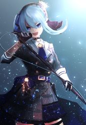 Rule 34 | 1girl, absurdres, belt, belt buckle, black gloves, blue background, blue hair, blue necktie, blue skirt, bracelet, brown hat, buckle, buttons, cero421, choker, crown, dust, gloves, grey hat, hair between eyes, hat, highres, holding, holding microphone, holding microphone stand, hololive, hoshimachi suisei, hoshimachi suisei (1st costume), jewelry, looking back, medium hair, microphone, microphone stand, miniskirt, music, nail polish, necklace, necktie, open mouth, shirt, singing, skirt, solo, star (symbol), symbol-shaped pupils, virtual youtuber