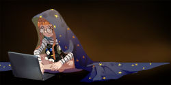 Rule 34 | 10s, 1girl, bed sheet, blanket, blue eyes, brown eyes, cat, club3, computer, cover, glasses, indian style, laptop, morgana (persona 5), orange hair, persona, persona 5, sakura futaba, shirt, sitting, sitting on lap, sitting on person, smile, star (symbol), star print, striped clothes, striped shirt