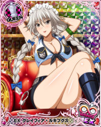 Rule 34 | 1girl, arms behind head, black footwear, blue bow, boots, bow, braid, breasts, card (medium), chess piece, cleavage, cuffs, female focus, front-tie top, grayfia lucifuge, grey eyes, grey hair, hair bow, handcuffs, high school dxd, knee boots, large breasts, long hair, maid headdress, matching hair/eyes, mature female, official art, police, police uniform, queen (chess), red lips, sitting, smile, solo, twin braids, underboob, uniform