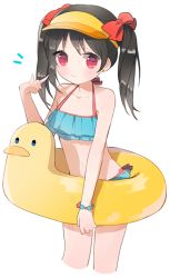 Rule 34 | 10s, 1girl, bad id, bad pixiv id, bikini, black hair, bow, bracelet, gradient eyes, hair bow, holding, innertube, jewelry, looking at viewer, love live!, love live! school idol project, multicolored eyes, navel, red eyes, simple background, smile, solo, swim ring, swimsuit, twintails, uttao, visor cap, white background, yazawa nico