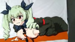 Rule 34 | 10s, 1boy, 1girl, anchovy (girls und panzer), anzio military uniform, ass, bar censor, blush, breasts, breasts out, censored, clenched teeth, cum, cum on body, cum on breasts, cum on upper body, drill hair, girls und panzer, green hair, hair ornament, hair ribbon, hasamimushi, highres, large breasts, looking at viewer, md5 mismatch, nipples, open clothes, open shirt, paizuri, penis, red eyes, resolution mismatch, ribbon, scowl, shirt, simple background, tears, teeth, white background