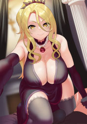 Rule 34 | 1boy, 1girl, absurdres, bare shoulders, black dress, black thighhighs, blonde hair, breasts, bulge, christina (princess connect!), cleavage, closed mouth, dress, elbow gloves, erection, erection under clothes, gloves, hair between eyes, hetero, highres, jewelry, large breasts, licking lips, long hair, looking at viewer, muunyan (yumenekoya), naughty face, necklace, pearl necklace, pov, princess connect!, solo focus, thighhighs, tongue, tongue out, yellow eyes