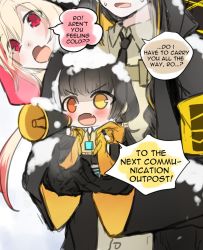 Rule 34 | 3girls, armband, black hair, blonde hair, blush, braid, chibi, english text, fang, girls&#039; frontline, gloves, hair between eyes, heterochromia, hinagi (fox priest), holding, jacket, long hair, low twintails, m16a1 (girls&#039; frontline), m4 sopmod ii (girls&#039; frontline), megaphone, mini person, minigirl, multicolored hair, multiple girls, necktie, no nose, open mouth, orange eyes, red eyes, red hair, ro635 (girls&#039; frontline), snow, streaked hair, sweatdrop, twintails, v-shaped eyebrows, white background, white hair, yellow eyes