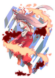 Rule 34 | 1girl, bamboo, blunt bangs, boots, bow, brown footwear, fire, from behind, fujiwara no mokou, full body, hair bow, hands in pockets, hashiro, hime cut, long hair, long sleeves, ofuda, ofuda on clothes, pants, puffy sleeves, red bow, red pants, shirt, silver hair, solo, suspenders, touhou, white shirt