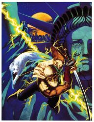 Rule 34 | 1990s (style), 1boy, armband, artist request, battle, border, box art, building, cityscape, cloud, crack, crown, damaged, dog, electricity, energy, energy barrier, facial tattoo, gameplay mechanics, harbor, highres, holding, holding sword, holding weapon, joe musashi, jumping, katana, lizard, looking at viewer, magic, male focus, mask, moon, mouth mask, muscular, new york, night, night sky, ninja, ninjatou, official art, painting (action), pet, realistic, retro artstyle, scan, sega, shadow (shadow dancer), shadow dancer, shinobi (game), short sword, sky, star (sky), starry sky, statue of liberty, sword, tattoo, traditional media, video game, water, weapon, when you see it, white border, window