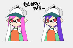 Rule 34 | 1girl, baseball cap, blouse, closed mouth, cropped torso, danimaru, domino mask, elbow gloves, expressionless, female focus, flat chest, flat color, gloves, green gloves, grey background, hat, highres, inkling, inkling girl, inkling player character, japanese text, long hair, looking at viewer, mask, multiple views, nintendo, overalls, pink hair, purple hair, red eyes, salmon run (splatoon), shirt, simple background, sketch, splatoon (series), splatoon 2, tentacle hair, tentacles, translation request, twintails, upper body, white shirt