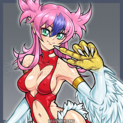 Rule 34 | 1girl, animal hands, bare shoulders, breasts, claws, commentary request, covered erect nipples, duel monster, feathers, green eyes, harpie cielo, harpy, long hair, medium breasts, monster girl, multicolored hair, navel, pink hair, pointy ears, purple hair, rindou akira, solo, two-tone hair, white feathers, white wings, winged arms, wings, yu-gi-oh!, yu-gi-oh! rush duel