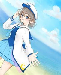 1girl beach blue_eyes blush brown_hair dress hat love_live! love_live!_sunshine!! ocean short_hair sky smile solo watanabe_you water