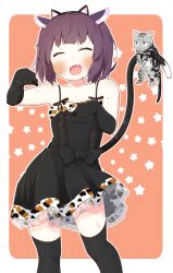 Rule 34 | 1girl, absurdres, alternate costume, animal ear hairband, animal ears, bare shoulders, black bow, black dress, black gloves, black thighhighs, blush, border, bow, breasts, cat, cat ear hairband, cat ears, closed eyes, commentary request, dress, dress bow, elbow gloves, embarrassed, facing viewer, fake animal ears, fake tail, fang, feet out of frame, gloves, hairband, headgear, highres, kitten, konori (ahurerukuiizi), open mouth, orange background, outside border, paw pose, purple hair, sleeveless, sleeveless dress, small breasts, smile, solo, spaghetti strap, standing, star (symbol), starry background, sweat, tail, tail raised, thighhighs, touhoku kiritan, v-shaped eyebrows, voiceroid, white border