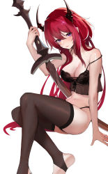 Rule 34 | 1girl, absurdres, arknights, arm support, black bra, black panties, black ribbon, black thighhighs, bra, breasts, chinese commentary, cleavage, closed mouth, commentary request, feet out of frame, from side, hair between eyes, highres, holding, holding sword, holding weapon, horns, long hair, looking at viewer, looking to the side, medium breasts, musicatopos, navel, panties, purple eyes, red hair, ribbon, ribbon bra, simple background, sitting, solo, stirrup legwear, strap slip, surtr (arknights), sword, thighhighs, toeless legwear, underwear, underwear only, very long hair, weapon, white background