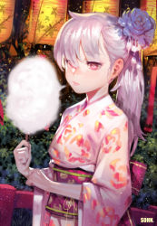 Rule 34 | 1girl, absurdres, artist name, breath, closed mouth, cotton candy, flower, glowing, hair flower, hair ornament, hair over one eye, highres, holding, japanese clothes, kimono, lantern, leaf, long hair, looking at viewer, maple leaf, outdoors, paper lantern, pink hair, ponytail, ribbon, rose, sash, sohn woohyoung, solo, standing, wide sleeves, yellow ribbon, yukata