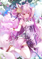 Rule 34 | 07touka25, 1girl, absurdres, animal ear fluff, animal ears, armlet, bracelet, breasts, china dress, chinese clothes, dress, facial mark, flower, fox ears, fox girl, fox tail, gold, hair flower, hair ornament, highres, jewelry, long hair, medium breasts, multiple tails, original, petals, pink hair, red eyes, tail, thighlet, very long hair, whisker markings