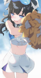 Rule 34 | 1girl, animal ears, bare arms, bare shoulders, blue archive, blue eyes, blush, breasts, cheering, cleavage, dog ears, dog girl, dog tail, half-closed eyes, hibiki (blue archive), hibiki (cheer squad) (blue archive), looking away, machico maki, midriff, millennium cheerleader outfit (blue archive), official alternate costume, open mouth, pom pom (cheerleading), pom pom (clothes), shy, skirt, tail, visor cap, wavy mouth