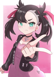 Rule 34 | 1girl, absurdres, asymmetrical bangs, black hair, black jacket, blush, border, closed mouth, creatures (company), dress, ear piercing, finger gun, frown, game freak, green eyes, hair ribbon, hand up, highres, jacket, looking at viewer, marnie (pokemon), nintendo, piercing, pink dress, pointing, pointing at viewer, pokemon, pokemon swsh, red ribbon, ribbon, rono (lethys), solo, twintails, two side up, undercut, upper body, v-shaped eyebrows, white border