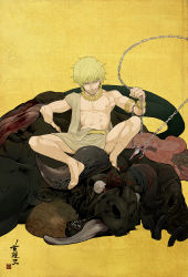 Rule 34 | 1boy, abs, armlet, barefoot, blonde hair, blood, bracelet, bull, chain, earrings, fate/stay night, fate/zero, fate (series), feet, gilgamesh (fate), highres, horns, jewelry, kema mire, male focus, necklace, red eyes, topless male, short hair, single horn, solo, toga, yellow background