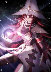 Rule 34 | 1girl, armband, beyond the pendulum, breasts, covered mouth, duel monster, gloves, hand up, hat, highres, holding, holding staff, long hair, medium breasts, multicolored eyes, pointy hair, red hair, solo, spiked hair, staff, strap, white gloves, white hat, wizard, wizard hat, wudu c, yu-gi-oh!