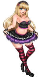 Rule 34 | 1041 (toshikazu), 1girl, blonde hair, blue eyes, breasts, curvy, emilie de rochefort, frills, large breasts, long hair, midriff, namco, simple background, skirt, solo, striped clothes, striped thighhighs, tekken, thighhighs
