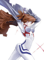 Rule 34 | 1girl, absurdres, arms up, ass, blue eyes, bodysuit, breasts, brown hair, evangelion: 3.0+1.0 thrice upon a time, eyepatch, floating hair, hair ornament, highres, interface headset, jacket, long hair, looking to the side, medium breasts, neon genesis evangelion, plugsuit, rebuild of evangelion, shiny clothes, simple background, skin tight, smile, solo, souryuu asuka langley, turtleneck, two side up, unworn jacket, very long hair, white background, white bodysuit, yagisawa teru