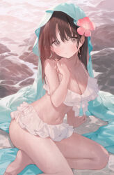 Rule 34 | 1girl, arm support, ass, barefoot, bikini, blush, breasts, brown eyes, brown hair, closed mouth, flower, frilled bikini, frills, hair flower, hair ornament, highres, large breasts, long hair, looking at viewer, navel, ocean, original, playing with own hair, rin31153336, rock, side-tie bikini bottom, sitting, solo, stomach, swimsuit, thighs, water, wet, white bikini, yokozuwari