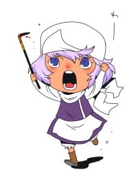 Rule 34 | 1girl, blue eyes, crowbar, hat, holding, holding crowbar, letty whiterock, onikobe rin, open mouth, purple hair, scarf, short hair, solo, touhou, white scarf