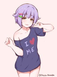 Rule 34 | 10s, 1girl, blush, bottomless, brown eyes, commentary, disco brando, hair ornament, hairclip, highres, idolmaster, idolmaster cinderella girls, koshimizu sachiko, looking at viewer, naked shirt, off shoulder, open mouth, purple hair, shirt, short hair, signature, simple background, sketch, smile, solo, t-shirt, twitter username, v