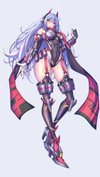 Rule 34 | 1girl, absurdres, android, breasts, hakusai (hksicabb), high heels, highres, joints, large breasts, leotard, long hair, poppi (xenoblade), poppi qtpi (xenoblade), purple hair, red eyes, robot ears, robot joints, scarf, simple background, solo, xenoblade chronicles (series), xenoblade chronicles 2