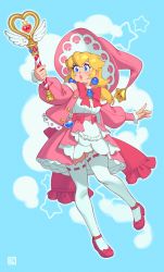 Rule 34 | 1girl, absurdres, alternate costume, artist name, blonde hair, blue background, blue eyes, earrings, full body, hat, high heels, highres, holding, holding wand, jewelry, lips, long hair, long sleeves, looking at viewer, mario (series), nintendo, parted lips, pink footwear, pink hat, princess peach, riz, solo, sphere earrings, super star (mario), thighhighs, wand, white thighhighs, witch, witch hat
