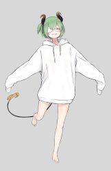 Rule 34 | 1girl, nanashi inc., barefoot, blush, closed eyes, demon girl, demon horns, demon tail, eyepatch, facing viewer, full body, green hair, grey background, highres, honey strap, hood, hood down, hoodie, horns, kakkokari meshi, medical eyepatch, one side up, outstretched arms, oversized clothes, pointy ears, sekishiro mico, short hair, sidelocks, simple background, sleeves past fingers, sleeves past wrists, solo, spread arms, standing, standing on one leg, tail, virtual youtuber, white hoodie