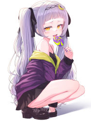 Rule 34 | 1girl, absurdres, between legs, black ribbon, black skirt, black tank top, blunt bangs, blush, breasts, candy, commentary request, fangs, food, grey background, grey hair, hair ornament, hair ribbon, hairband, hand between legs, hand up, highres, holding, holding candy, holding food, holding lollipop, hololive, jacket, kage (ka 9e 4su), lollipop, long hair, looking at viewer, miniskirt, murasaki shion, nail polish, off shoulder, open mouth, orange eyes, pleated skirt, purple jacket, purple nails, ribbon, shadow, shiny skin, sidelocks, skirt, small breasts, solo, squatting, tank top, thighs, twintails, virtual youtuber