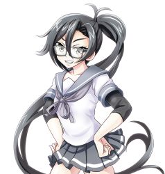 Rule 34 | 10s, amagiri (kancolle), black hair, cowboy shot, glasses, grin, kantai collection, long hair, looking at viewer, ponytail, school uniform, smile, solo, tk8d32, v-shaped eyebrows, very long hair, white background