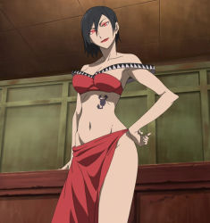 Rule 34 | 1girl, bare shoulders, black hair, breasts, cleavage, collarbone, darker than black, eyeshadow, hand on own hip, highres, large breasts, lipstick, makeup, midriff, navel, off shoulder, red eyes, revealing clothes, screencap, short hair, side slit, solo, standing, stitched, tattoo, third-party edit, xiao jie