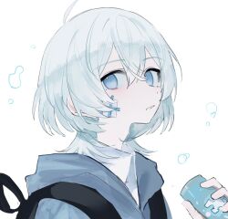 Rule 34 | 083 kura, 1boy, backpack, bag, blue eyes, blue jacket, blush, can, collared shirt, from side, gauze on cheek, grey hair, hair between eyes, highres, holding, holding can, hood, hood down, hooded jacket, jacket, looking at viewer, male focus, medium hair, open clothes, open jacket, original, parted lips, portrait, school uniform, shirt, sidelocks, simple background, solo, teeth, white background, white shirt, wolf cut